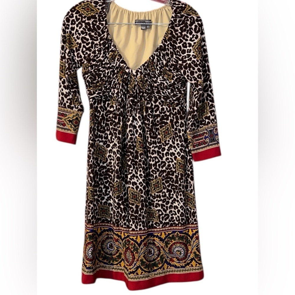 Muse For Boston Proper Dress Cheetah Ethnic Print 3/4 Sleeve Size 2